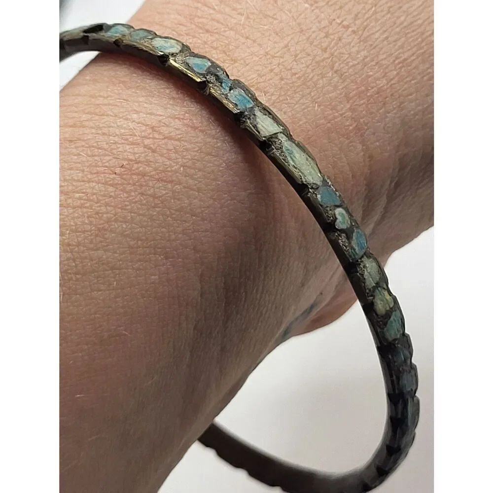 Vintage Native American Turquoise Inlay Cuff Bangle Bracelet 2.5in dia